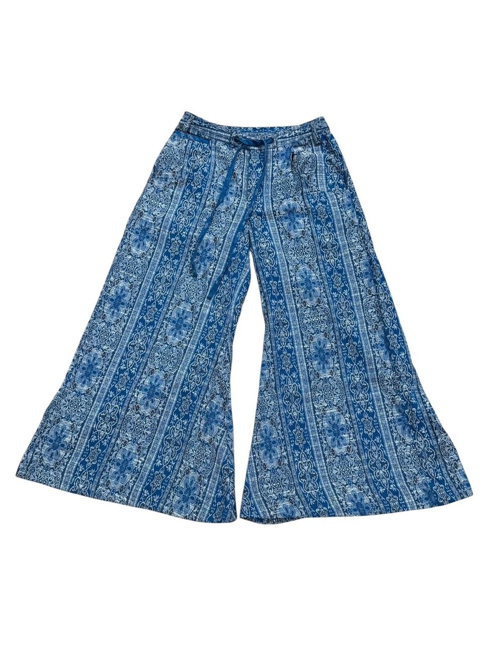 Free People Sz 6 Pants Dahlia Wide-Leg Blue jacquard Boho Hippie Retro Mod Fall - Picture 3 of 11